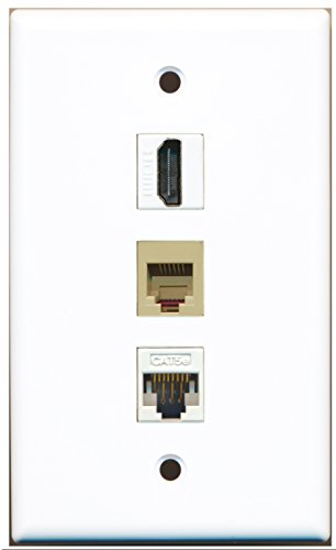 RiteAV - 1 Port HDMI and 1 Port Phone RJ11 RJ12 Beige and 1 Port Cat5e Ethernet White Wall Plate