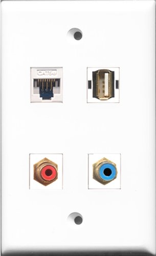 RiteAV 1 Port RCA Red and 1 Port RCA Blue and 1 Port USB A-A and 1 Port Cat5e Ethernet White Wall Plate