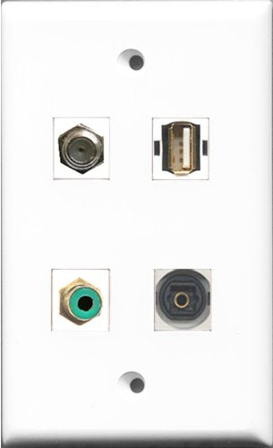 RiteAV 1 Port RCA Green and 1 Port Coax Cable TV- F-Type and 1 Port USB A-A and 1 Port Toslink Wall Plate