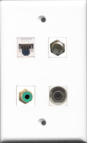 RiteAV - 1 Port RCA Green and 1 Port Coax Cable TV- F-Type and 1 Port 3.5mm and 1 Port Cat5e Ethernet White Wall Plate