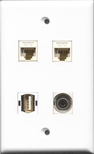 RiteAV 1 Port USB A-A and 1 Port 3.5mm 2 Port Cat6 Ethernet White Wall Plate