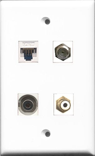 RiteAV - 1 Port RCA White and 1 Port Coax Cable TV- F-Type and 1 Port 3.5mm and 1 Port Cat5e Ethernet White Wall Plate