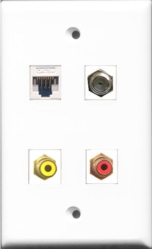 RiteAV - 1 Port RCA Red and 1 Port RCA Yellow and 1 Port Coax Cable TV- F-Type and 1 Port Cat5e Ethernet White Wall Plate