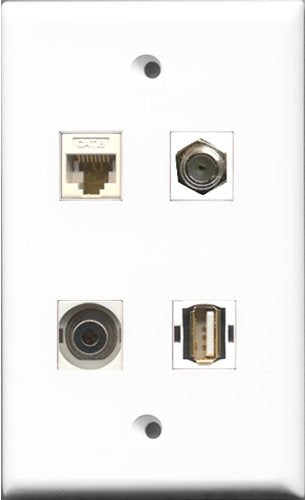 RiteAV 1 Port Coax Cable TV- F-Type and 1 Port USB A-A and 1 Port 3.5mm and 1 Port Cat6 Ethernet White Wall Plate