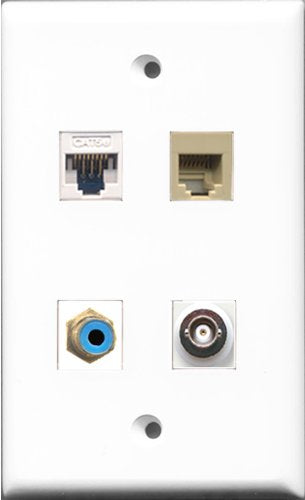 RiteAV 1 Port RCA Blue and 1 Port Phone RJ11 RJ12 Beige and 1 Port BNC and 1 Port Cat5e Ethernet White Wall Plate