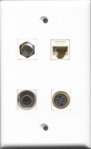 RiteAV 1 Port Coax Cable TV- F-Type and 1 Port S-Video and 1 Port 3.5mm and 1 Port Cat6 Ethernet White Wall Plate