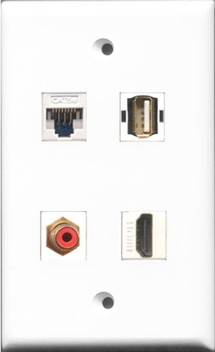 RiteAV 1 Port HDMI and 1 Port RCA Red and 1 Port USB A-A and 1 Port Cat5e Ethernet White Wall Plate