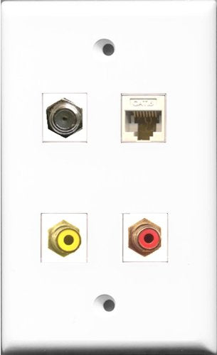 RiteAV 1 Port RCA Red and 1 Port RCA Yellow and 1 Port Coax Cable TV- F-Type and 1 Port Cat6 Ethernet White Wall Plate