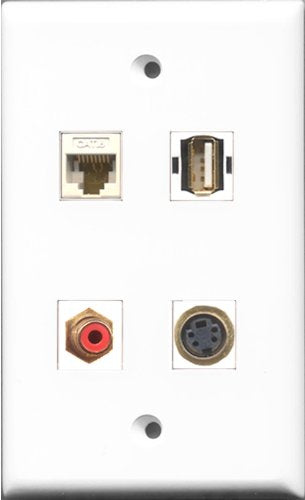 RiteAV 1 Port RCA Red and 1 Port USB A-A and 1 Port S-Video and 1 Port Cat6 Ethernet White Wall Plate