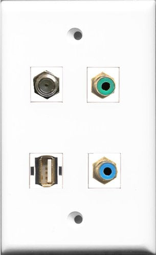 RiteAV 1 Port RCA Green and 1 Port RCA Blue and 1 Port Coax Cable TV- F-Type and 1 Port USB A-A Wall Plate