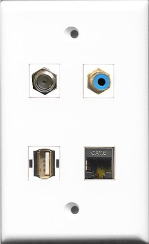 RiteAV 1 Port RCA Blue and 1 Port Coax Cable TV- F-Type and 1 Port USB A-A and 1 Port Shielded Cat6 Ethernet Wall Plate