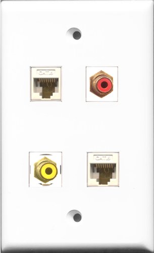 RiteAV 1 Port RCA Red and 1 Port RCA Yellow 2 Port Cat6 Ethernet White Wall Plate