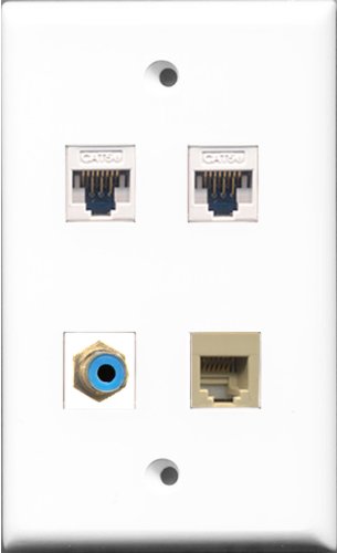 RiteAV - 1 Port RCA Blue and 1 Port Phone RJ11 RJ12 Beige 2 Port Cat5e Ethernet White Wall Plate