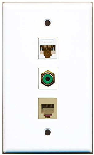 RiteAV - 1 Port RCA Green and 1 Port Phone RJ11 RJ12 Beige and 1 Port Cat6 Ethernet White Wall Plate