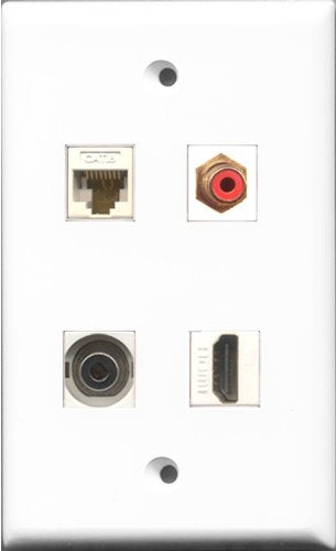 RiteAV 1 Port HDMI and 1 Port RCA Red and 1 Port 3.5mm and 1 Port Cat6 Ethernet White Wall Plate
