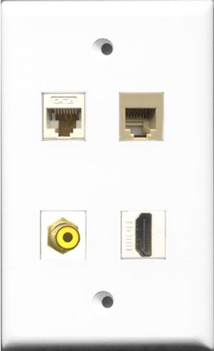 RiteAV 1 Port HDMI and 1 Port RCA Yellow and 1 Port Phone RJ11 RJ12 Beige and 1 Port Cat6 Ethernet White Wall Plate