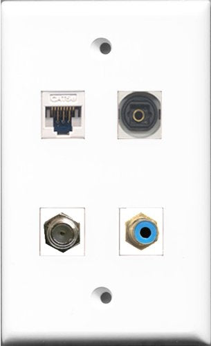 RiteAV 1 Port RCA Blue and 1 Port Coax Cable TV- F-Type and 1 Port Toslink and 1 Port Cat5e Ethernet White Wall Plate