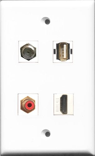 RiteAV 1 Port HDMI and 1 Port RCA Red and 1 Port Coax Cable TV- F-Type and 1 Port USB A-A Wall Plate