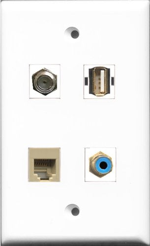 RiteAV 1 Port RCA Blue and 1 Port Coax Cable TV- F-Type and 1 Port USB A-A and 1 Port Phone RJ11 RJ12 Beige Wall Plate