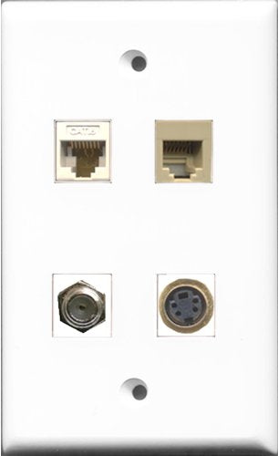 RiteAV 1 Port Coax Cable TV- F-Type and 1 Port Phone RJ11 RJ12 Beige and 1 Port S-Video and 1 Port Cat6 Ethernet White Wall Plate