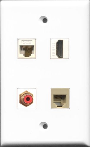 RiteAV 1 Port HDMI and 1 Port RCA Red and 1 Port Phone RJ11 RJ12 Beige and 1 Port Cat6 Ethernet White Wall Plate