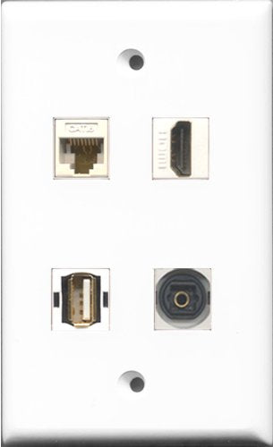 RiteAV 1 Port HDMI and 1 Port USB A-A and 1 Port Toslink and 1 Port Cat6 Ethernet White Wall Plate
