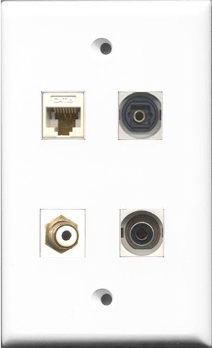 RiteAV 1 Port RCA White and 1 Port Toslink and 1 Port 3.5mm and 1 Port Cat6 Ethernet White Wall Plate