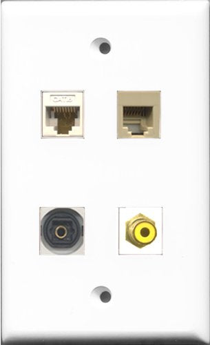 RiteAV 1 Port RCA Yellow and 1 Port Phone RJ11 RJ12 Beige and 1 Port Toslink and 1 Port Cat6 Ethernet White Wall Plate