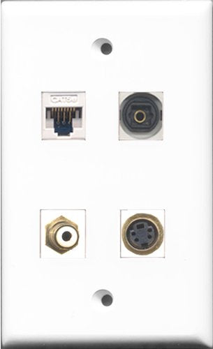 RiteAV 1 Port RCA White and 1 Port S-Video and 1 Port Toslink and 1 Port Cat5e Ethernet White Wall Plate