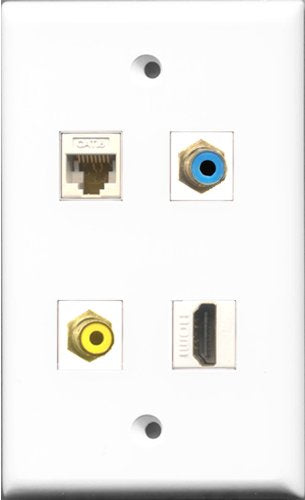 RiteAV 1 Port HDMI and 1 Port RCA Yellow and 1 Port RCA Blue and 1 Port Cat6 Ethernet White Wall Plate