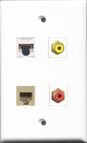 RiteAV 1 Port RCA Red and 1 Port RCA Yellow and 1 Port Phone RJ11 RJ12 Beige and 1 Port Cat5e Ethernet White Wall Plate