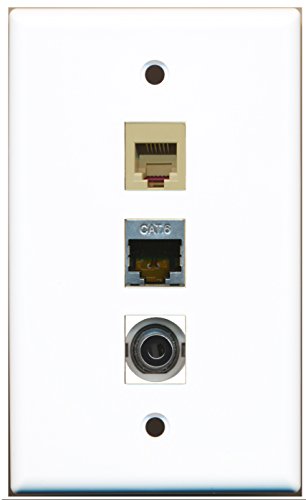 RiteAV - 1 Port Phone RJ11 RJ12 Beige and 1 Port Shielded Cat6 Ethernet and 1 Port 3.5mm Wall Plate