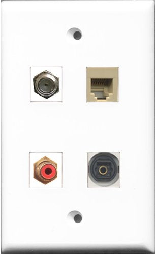 RiteAV 1 Port RCA Red and 1 Port Coax Cable TV- F-Type and 1 Port Phone RJ11 RJ12 Beige and 1 Port Toslink Wall Plate