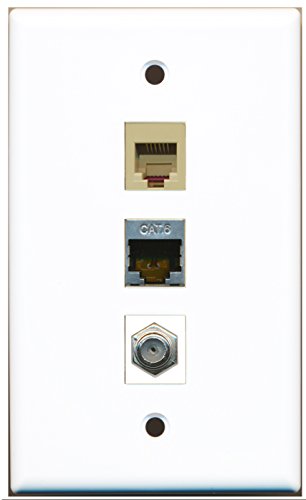RiteAV - 1 Port Coax Cable TV- F-Type and 1 Port Phone RJ11 RJ12 Beige and 1 Port Shielded Cat6 Ethernet Wall Plate