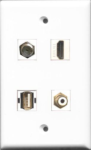 RiteAV 1 Port HDMI and 1 Port RCA White and 1 Port Coax Cable TV- F-Type and 1 Port Shielded Cat6 Ethernet Wall Plate