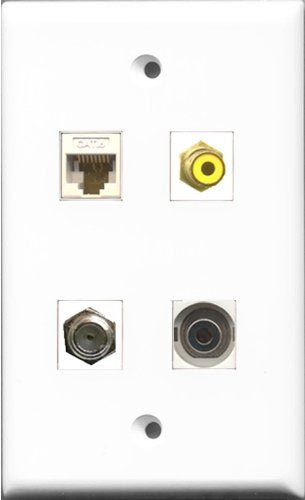 RiteAV 1 Port RCA Yellow and 1 Port Coax Cable TV- F-Type and 1 Port 3.5mm and 1 Port Cat6 Ethernet White Wall Plate