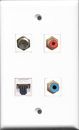 RiteAV 1 Port RCA Red and 1 Port RCA Blue and 1 Port Coax Cable TV- F-Type and 1 Port Cat5e Ethernet White Wall Plate
