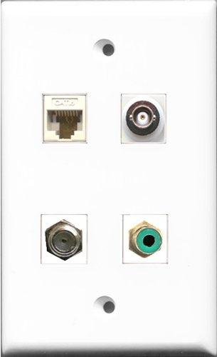 RiteAV 1 Port RCA Green and 1 Port Coax Cable TV- F-Type and 1 Port BNC and 1 Port Cat6 Ethernet White Wall Plate