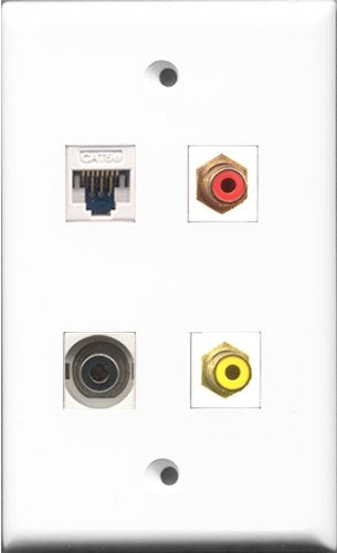 RiteAV 1 Port RCA Red and 1 Port RCA Yellow and 1 Port 3.5mm and 1 Port Cat5e Ethernet White Wall Plate