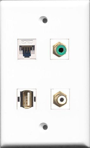 RiteAV 1 Port RCA White and 1 Port RCA Green and 1 Port USB A-A and 1 Port Cat5e Ethernet White Wall Plate