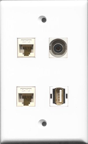 RiteAV 1 Port USB A-A and 1 Port 3.5mm 2 Port Cat6 Ethernet White Wall Plate