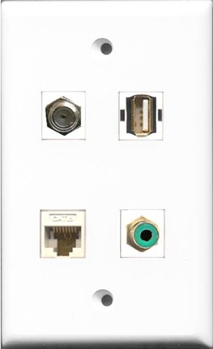 RiteAV 1 Port RCA Green and 1 Port Coax Cable TV- F-Type and 1 Port USB A-A and 1 Port Cat6 Ethernet White Wall Plate