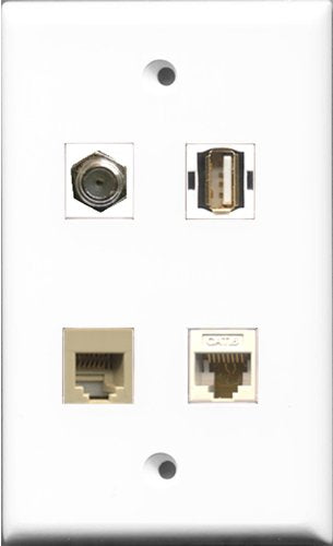 RiteAV 1 Port Coax Cable TV- F-Type and 1 Port USB A-A and 1 Port Phone RJ11 RJ12 Beige and 1 Port Cat6 Ethernet White Wall Plate