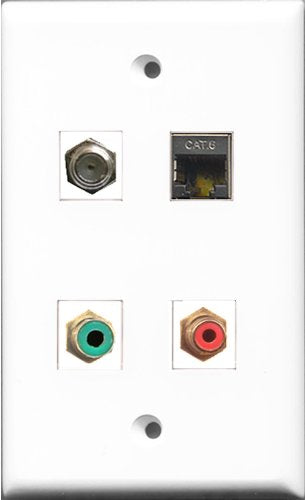 RiteAV 1 Port RCA Red and 1 Port RCA Green and 1 Port Coax Cable TV- F-Type and 1 Port Shielded Cat6 Ethernet Wall Plate