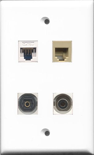 RiteAV 1 Port Phone RJ11 RJ12 Beige and 1 Port Toslink and 1 Port 3.5mm and 1 Port Cat5e Ethernet White Wall Plate