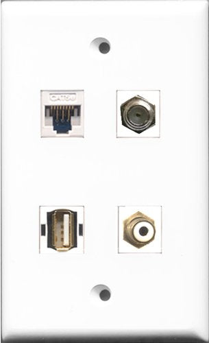 RiteAV - 1 Port RCA White and 1 Port Coax Cable TV- F-Type and 1 Port USB A-A and 1 Port Cat5e Ethernet White Wall Plate