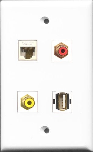 RiteAV 1 Port RCA Red and 1 Port RCA Yellow and 1 Port USB A-A and 1 Port Cat6 Ethernet White Wall Plate