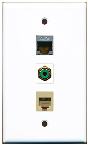 RiteAV - 1 Port RCA Green and 1 Port Phone RJ11 RJ12 Beige and 1 Port Shielded Cat6 Ethernet Wall Plate