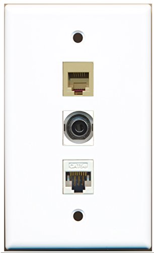 RiteAV - 1 Port Phone RJ11 RJ12 Beige and 1 Port 3.5mm and 1 Port Cat5e Ethernet White Wall Plate