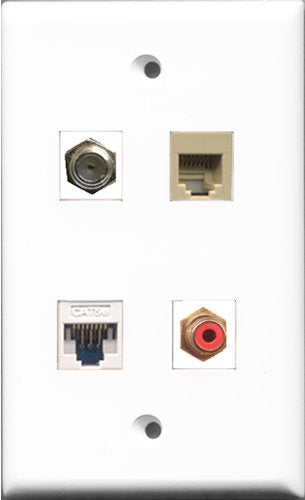 RiteAV 1 Port RCA Red and 1 Port Coax Cable TV- F-Type and 1 Port Phone RJ11 RJ12 Beige and 1 Port Cat5e Ethernet White Wall Plate